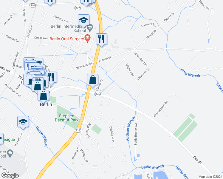 map of restaurants, bars, coffee shops, grocery stores, and more near 118 Flower Street in Berlin