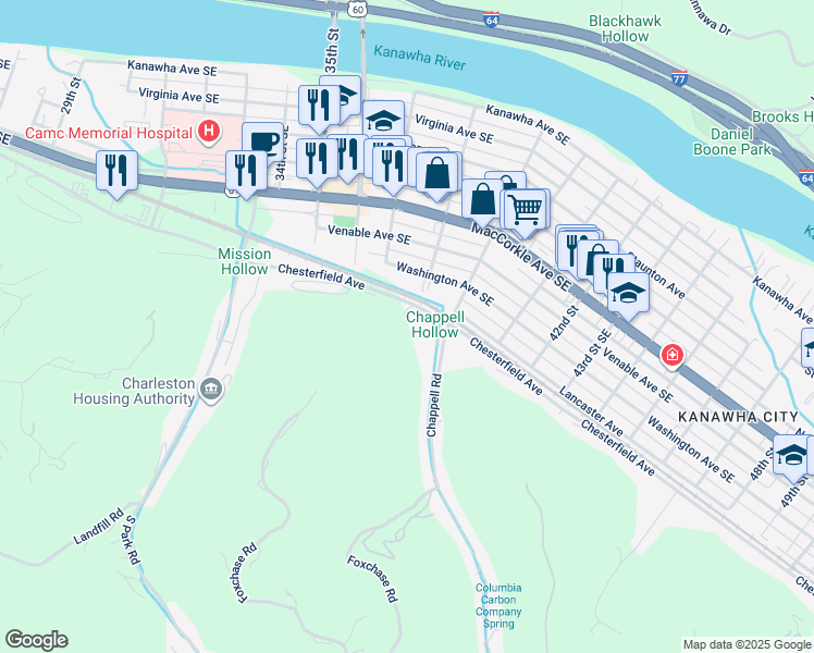 map of restaurants, bars, coffee shops, grocery stores, and more near 3655-3817 Chesterfield Avenue in Charleston