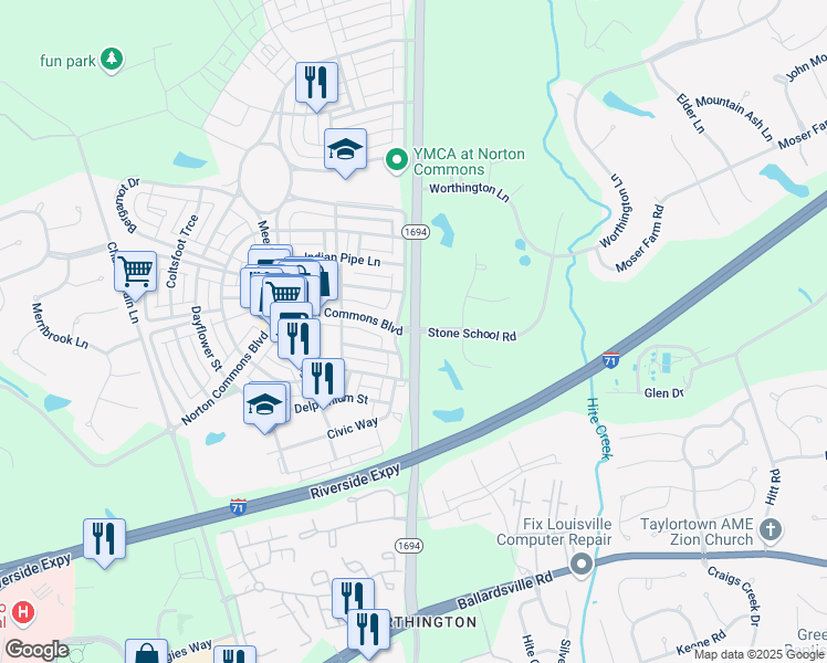 map of restaurants, bars, coffee shops, grocery stores, and more near 10606 Norton Commons Boulevard in Prospect