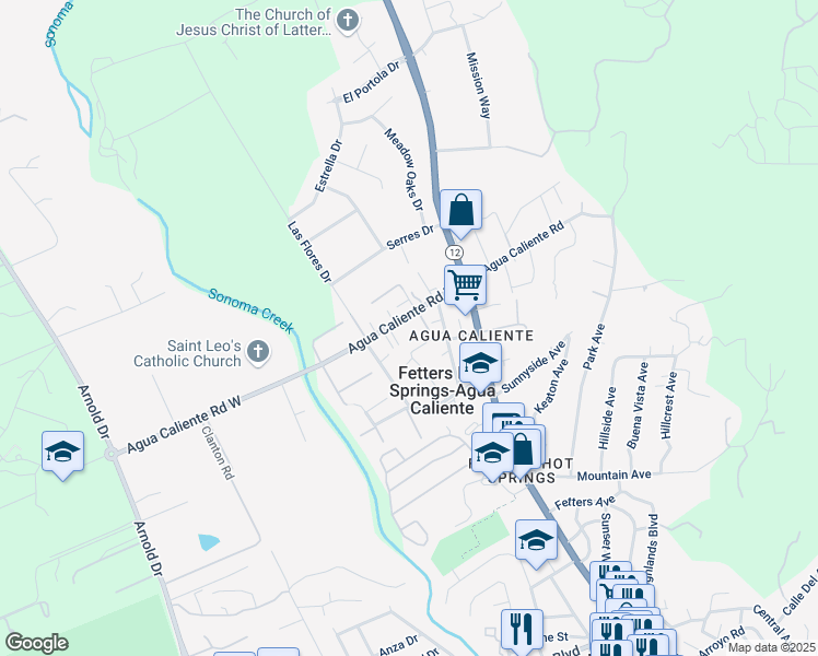 map of restaurants, bars, coffee shops, grocery stores, and more near 136 Agua Caliente Road West in Sonoma