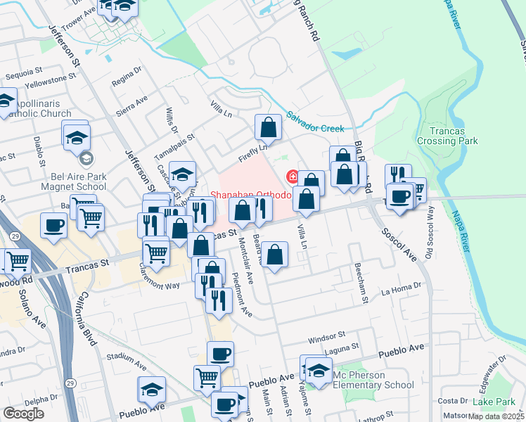 map of restaurants, bars, coffee shops, grocery stores, and more near 980 Trancas Street in Napa