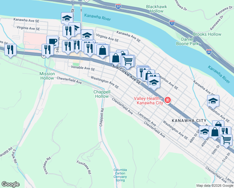 map of restaurants, bars, coffee shops, grocery stores, and more near 3907 Washington Avenue Southeast in Charleston