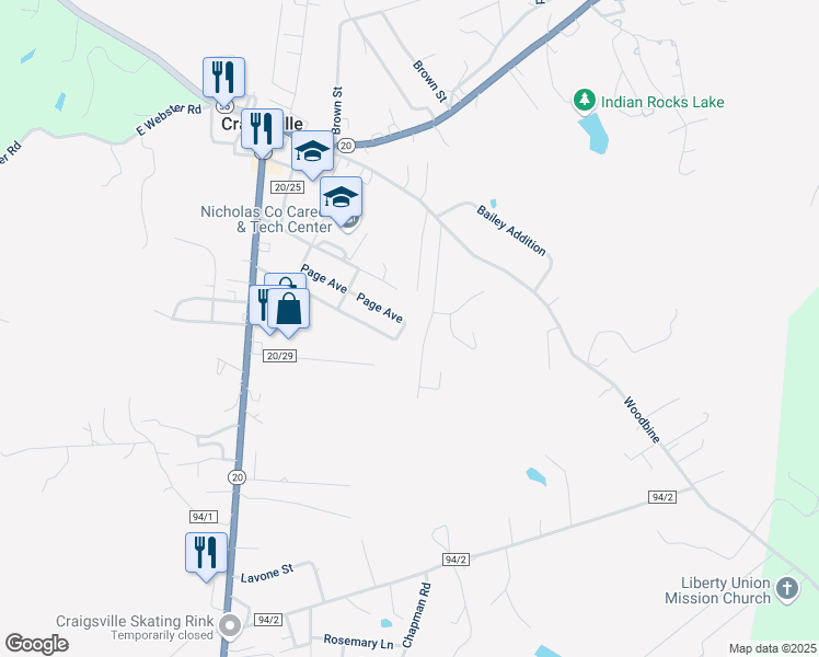map of restaurants, bars, coffee shops, grocery stores, and more near 233 Page Avenue in Craigsville