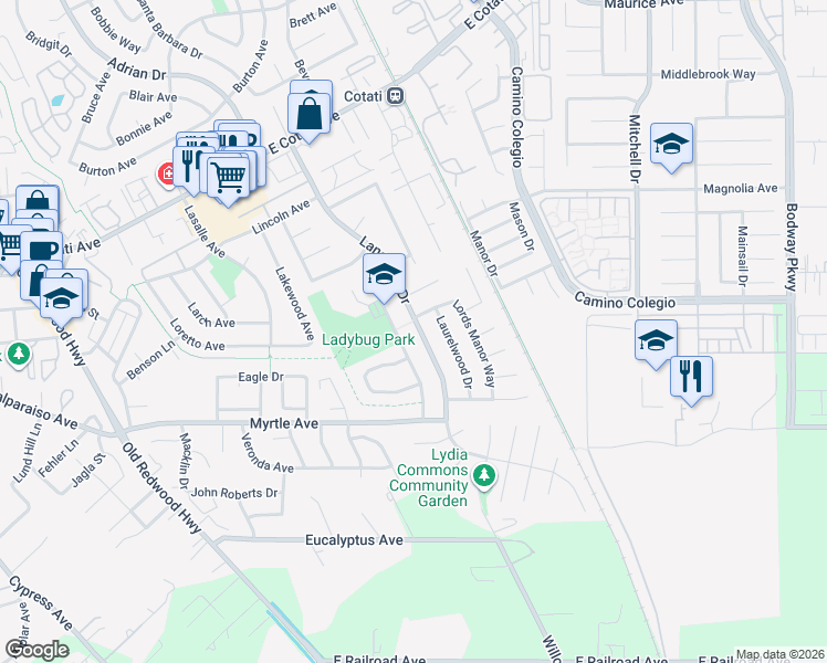 map of restaurants, bars, coffee shops, grocery stores, and more near 8601 Lancaster Drive in Rohnert Park