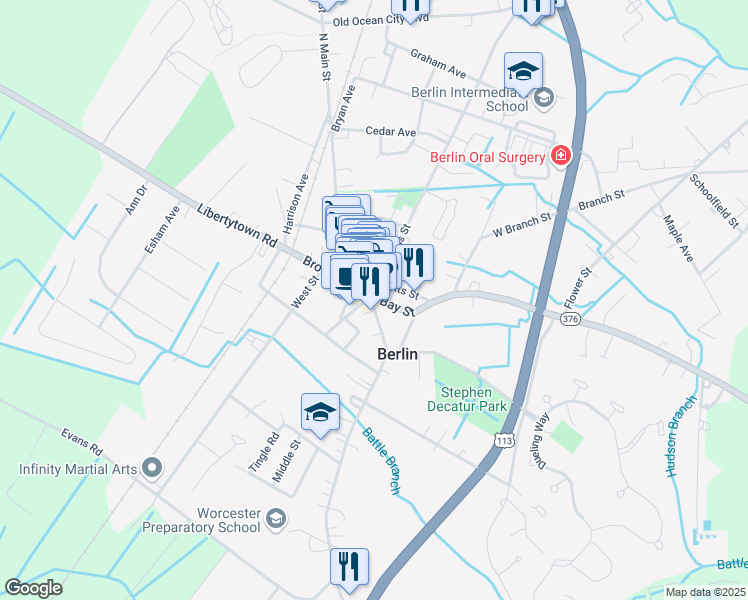 map of restaurants, bars, coffee shops, grocery stores, and more near 1 South Main Street in Berlin