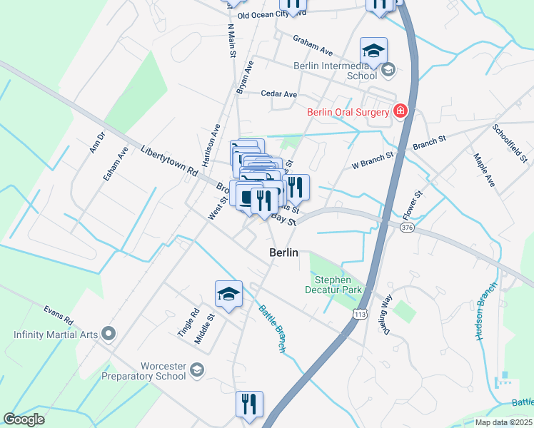 map of restaurants, bars, coffee shops, grocery stores, and more near 1 South Main Street in Berlin