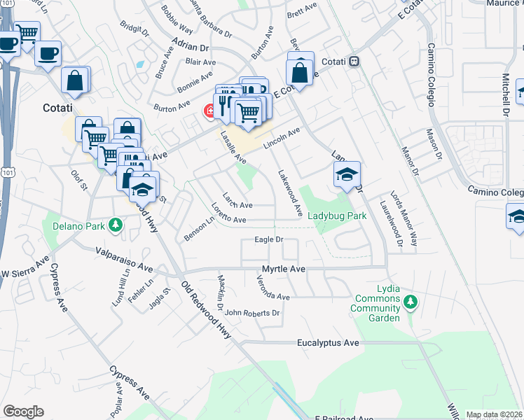 map of restaurants, bars, coffee shops, grocery stores, and more near 8552 Larch Avenue in Cotati