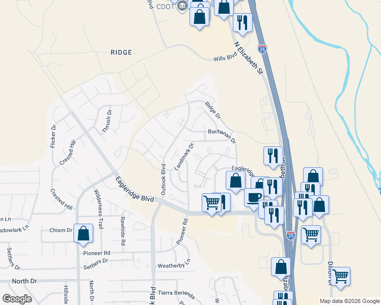 map of restaurants, bars, coffee shops, grocery stores, and more near 1128 Silverqueen Road in Pueblo