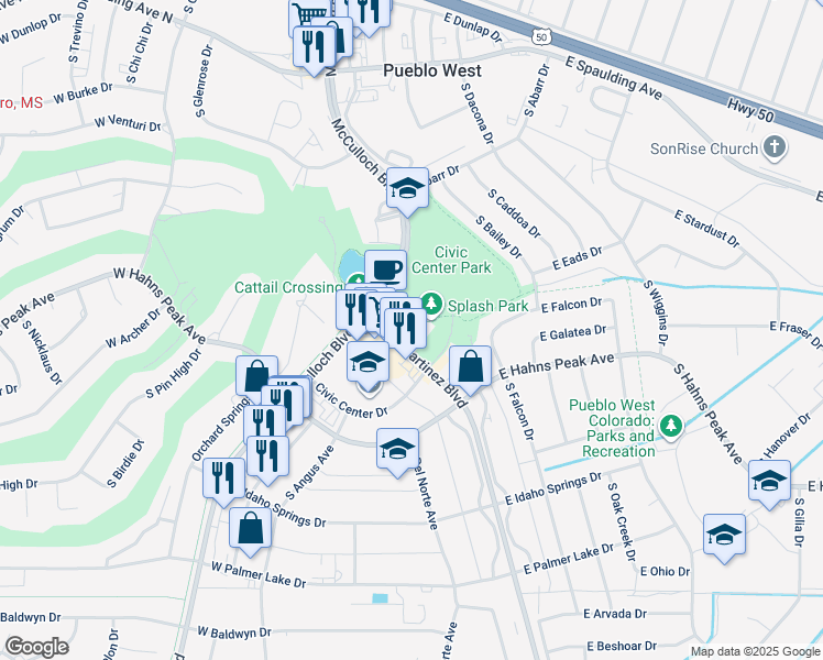 map of restaurants, bars, coffee shops, grocery stores, and more near 298 South Joe Martinez Boulevard in Pueblo West