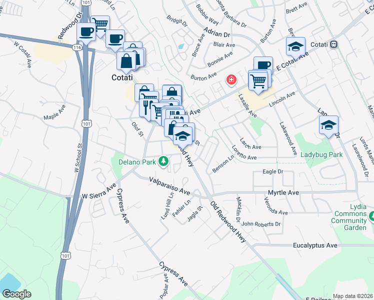 map of restaurants, bars, coffee shops, grocery stores, and more near 101 Ross Street in Cotati