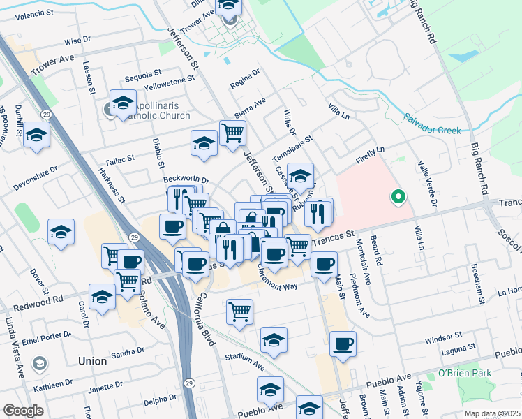 map of restaurants, bars, coffee shops, grocery stores, and more near 3501 Beckworth Drive in Napa