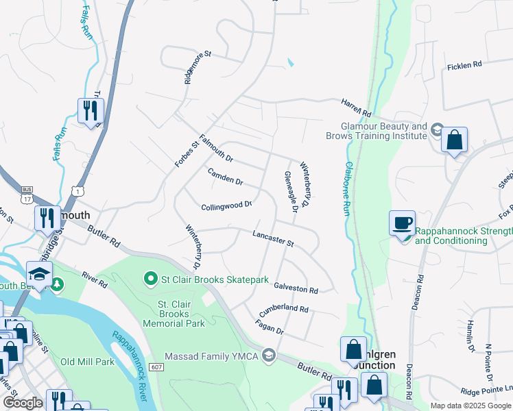 map of restaurants, bars, coffee shops, grocery stores, and more near 427 Collingwood Drive in Falmouth