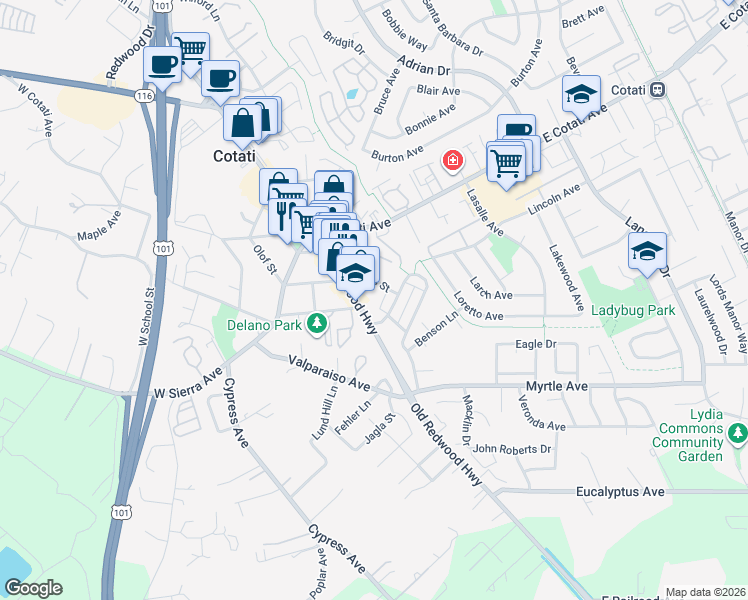 map of restaurants, bars, coffee shops, grocery stores, and more near 101 Ross Street in Cotati