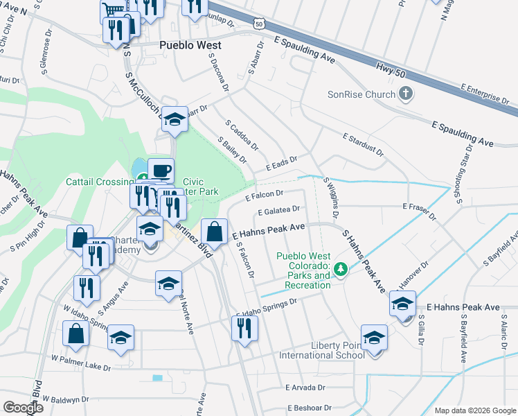 map of restaurants, bars, coffee shops, grocery stores, and more near 116 East Falcon Drive in Pueblo West