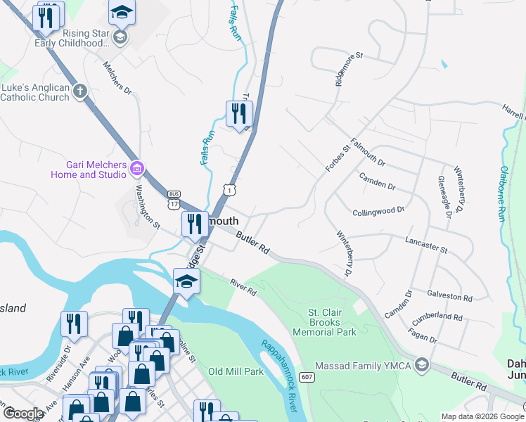map of restaurants, bars, coffee shops, grocery stores, and more near 121 Forbes Street in Fredericksburg