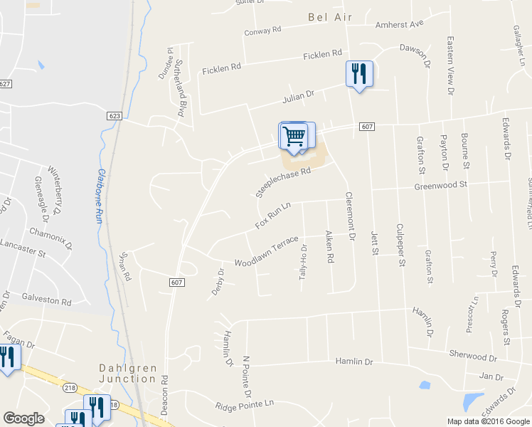 map of restaurants, bars, coffee shops, grocery stores, and more near 2 Steeplechase Road in Fredericksburg