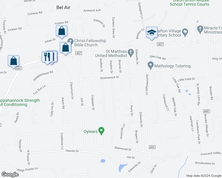 map of restaurants, bars, coffee shops, grocery stores, and more near 713A Payton Drive in Fredericksburg