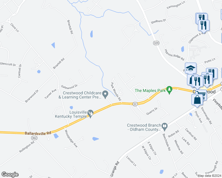 map of restaurants, bars, coffee shops, grocery stores, and more near 7012 Park Woods Road in Crestwood