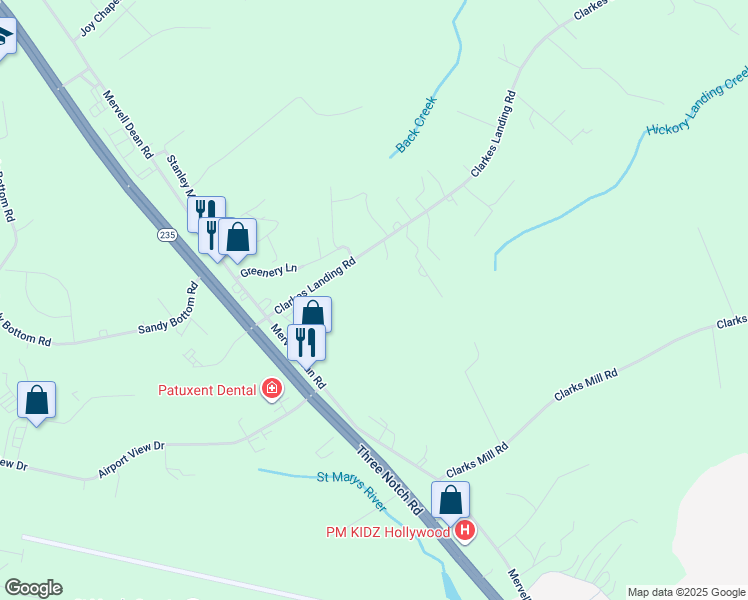 map of restaurants, bars, coffee shops, grocery stores, and more near 44249 Clarkes Landing Road in St. Mary's County
