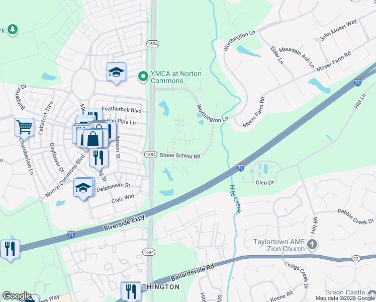 map of restaurants, bars, coffee shops, grocery stores, and more near 10204 Killinur Court in Prospect