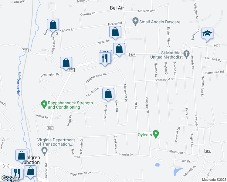 map of restaurants, bars, coffee shops, grocery stores, and more near 4 Aiken Road in Fredericksburg