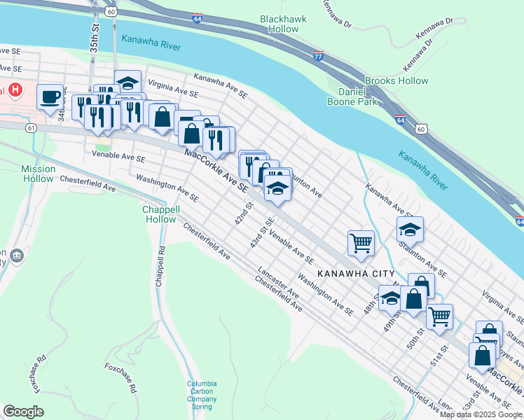map of restaurants, bars, coffee shops, grocery stores, and more near 4205 MacCorkle Avenue Southeast in Charleston