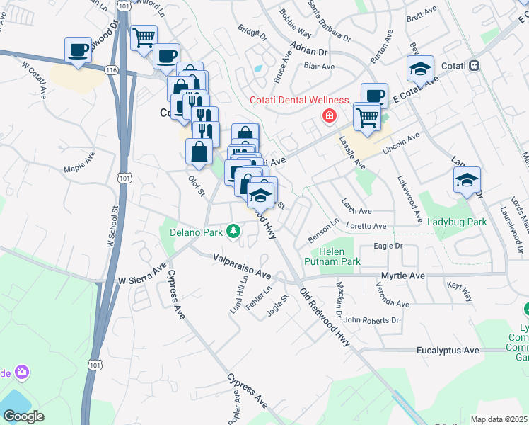 map of restaurants, bars, coffee shops, grocery stores, and more near 8 Charles Street in Cotati
