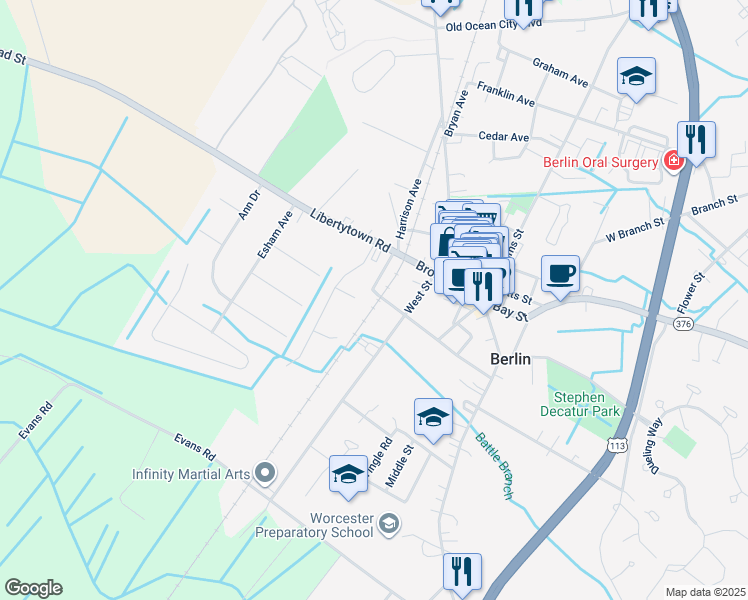 map of restaurants, bars, coffee shops, grocery stores, and more near 305 Washington Street in Berlin