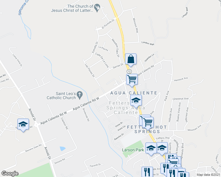 map of restaurants, bars, coffee shops, grocery stores, and more near 135 Agua Caliente Road West in Sonoma