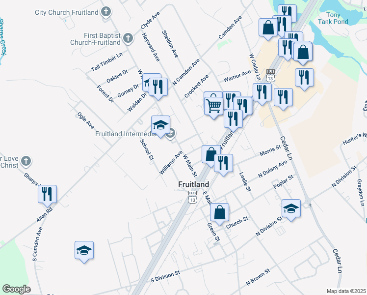 map of restaurants, bars, coffee shops, grocery stores, and more near 123 West Main Street in Fruitland