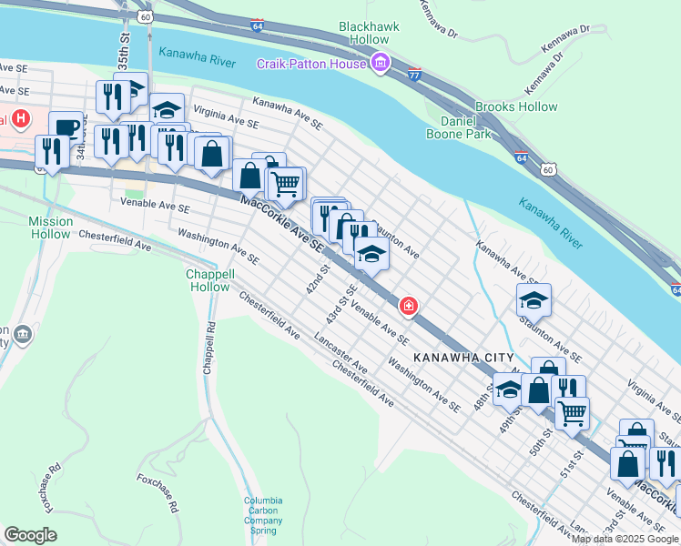 map of restaurants, bars, coffee shops, grocery stores, and more near 4205 MacCorkle Avenue Southeast in Charleston