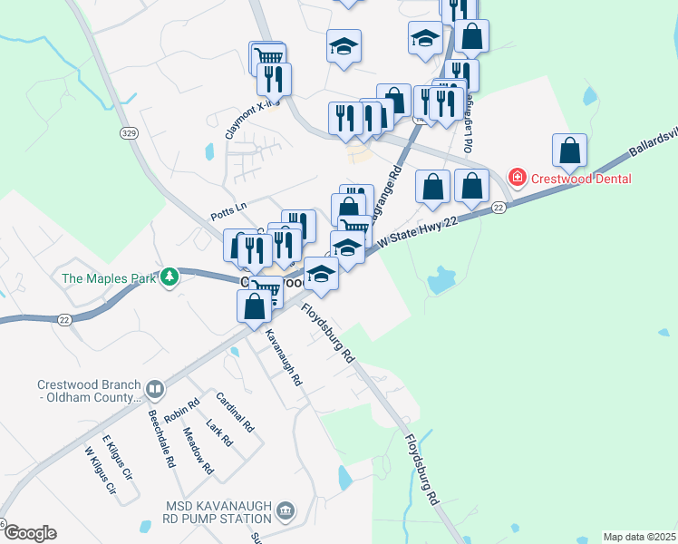 map of restaurants, bars, coffee shops, grocery stores, and more near 6500 Kentucky 146 in Crestwood