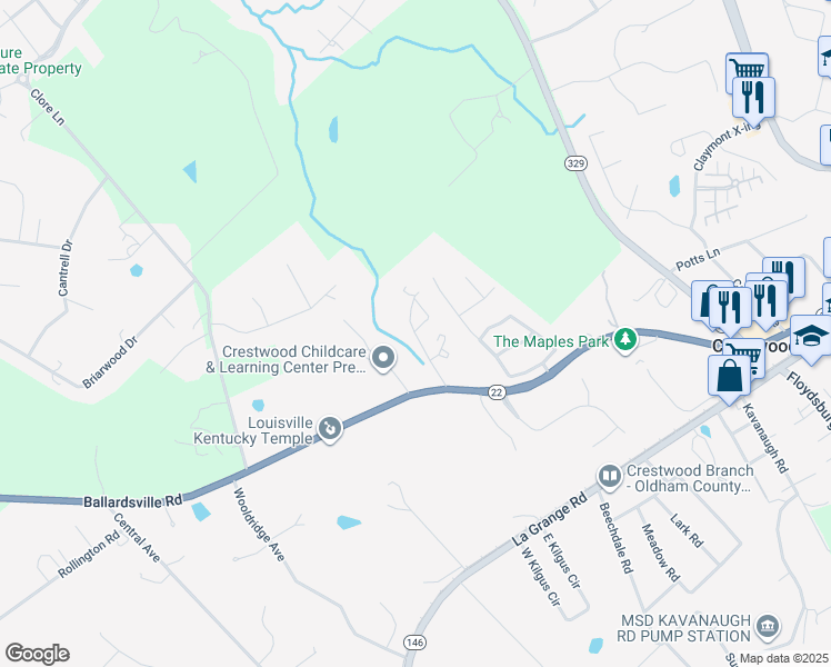 map of restaurants, bars, coffee shops, grocery stores, and more near 7009 Park Woods Road in Crestwood