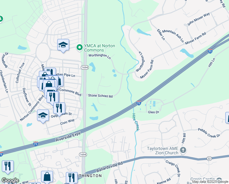 map of restaurants, bars, coffee shops, grocery stores, and more near 10303 Stone School Road in Prospect