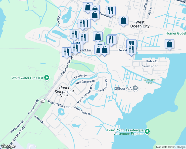 map of restaurants, bars, coffee shops, grocery stores, and more near 33 Coastal Drive in Berlin