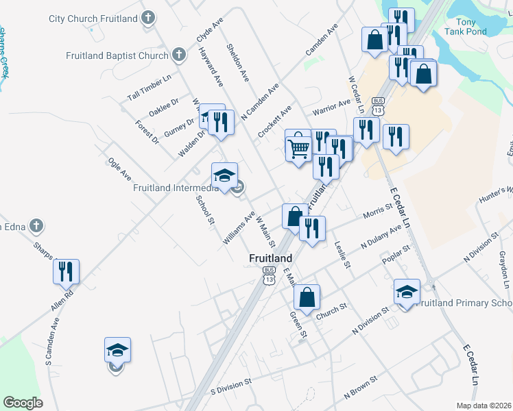 map of restaurants, bars, coffee shops, grocery stores, and more near 123 West Main Street in Fruitland