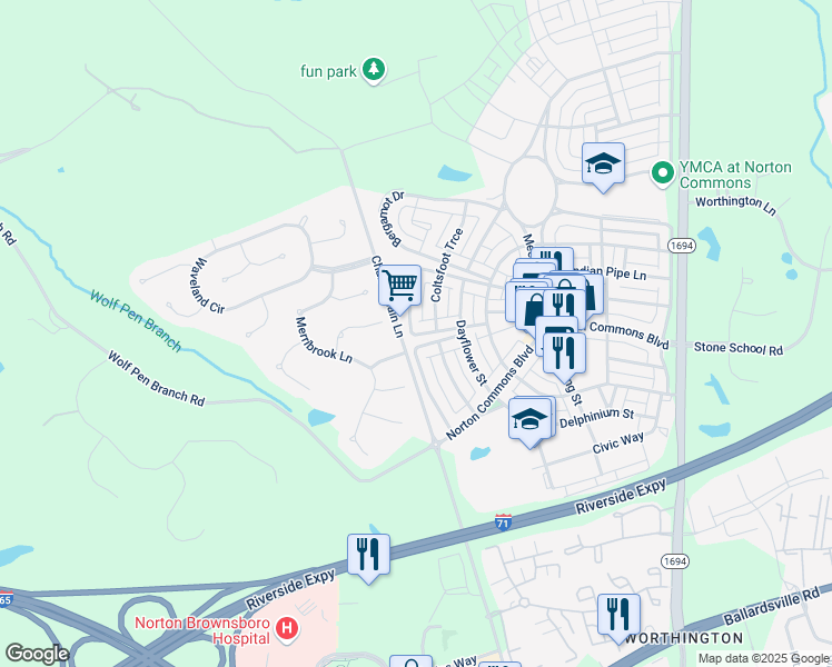 map of restaurants, bars, coffee shops, grocery stores, and more near 5759 Chamberlain Lane in Prospect