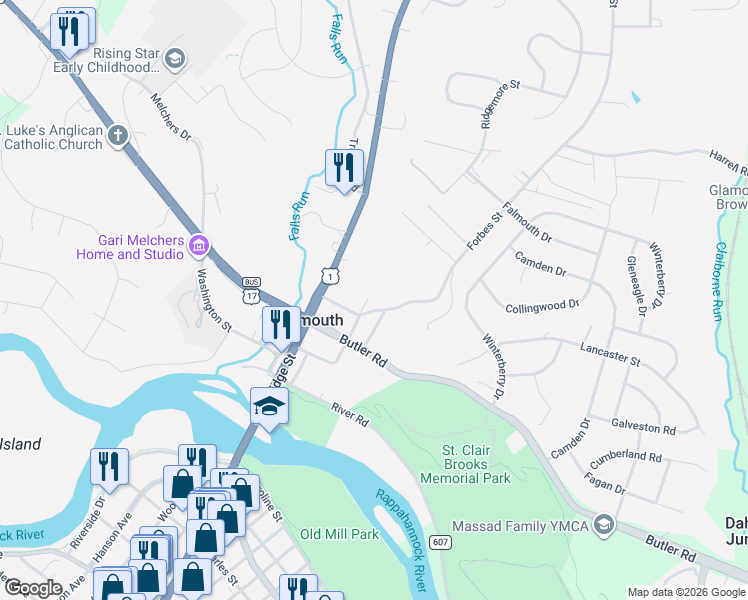 map of restaurants, bars, coffee shops, grocery stores, and more near 121 Forbes Street in Fredericksburg