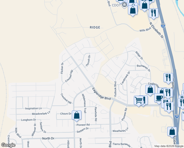 map of restaurants, bars, coffee shops, grocery stores, and more near 4765 San Pietro Court in Pueblo