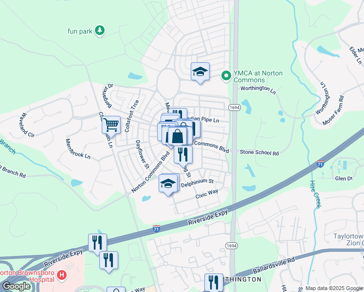 map of restaurants, bars, coffee shops, grocery stores, and more near 10701 Meeting Street in Prospect