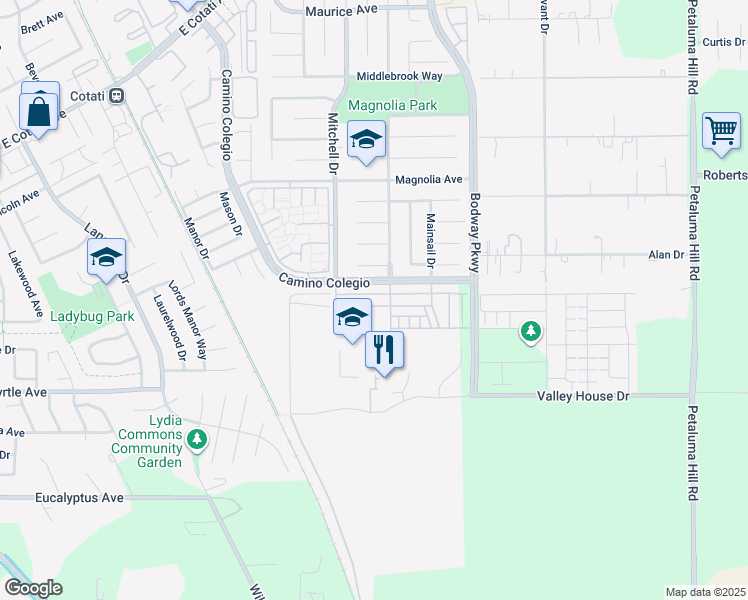 map of restaurants, bars, coffee shops, grocery stores, and more near 1244 Waldorf Lane in Rohnert Park