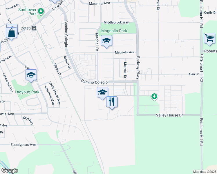 map of restaurants, bars, coffee shops, grocery stores, and more near 1244 Waldorf Lane in Rohnert Park