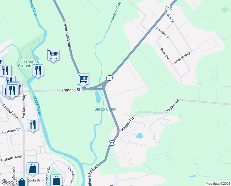 map of restaurants, bars, coffee shops, grocery stores, and more near 1026 Rose Drive in Napa