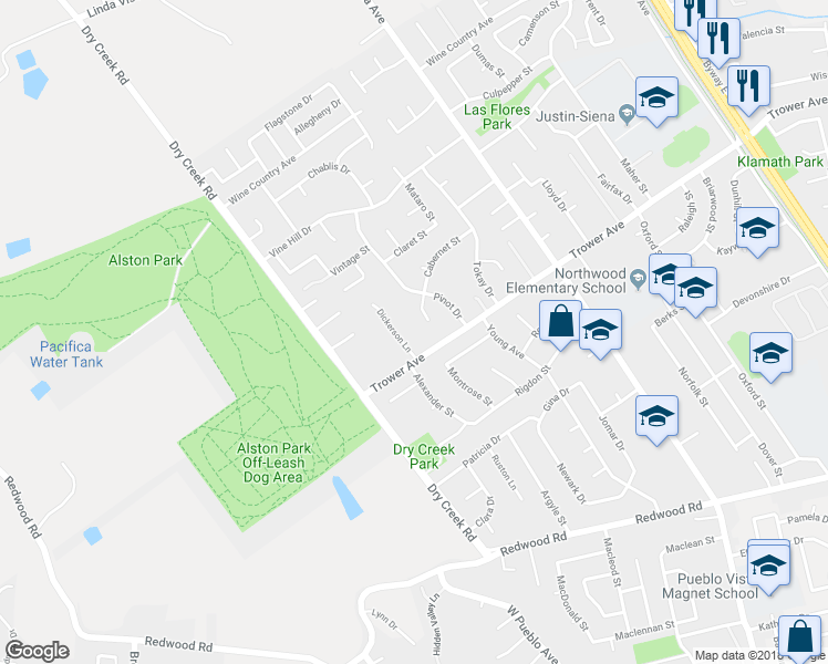 map of restaurants, bars, coffee shops, grocery stores, and more near 16 Dickerson Lane in Napa