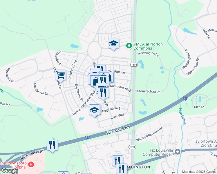 map of restaurants, bars, coffee shops, grocery stores, and more near 9444 Norton Commons Boulevard in Prospect