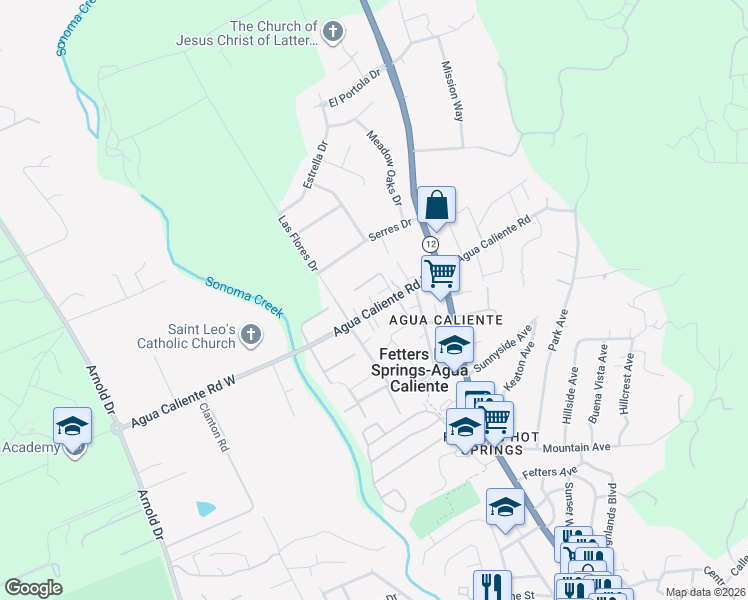 map of restaurants, bars, coffee shops, grocery stores, and more near 135 Agua Caliente Road West in Sonoma
