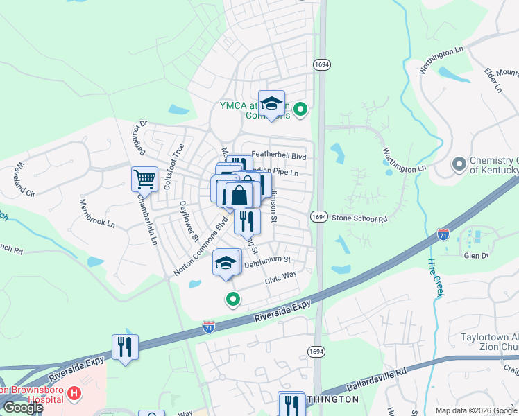 map of restaurants, bars, coffee shops, grocery stores, and more near 9444 Norton Commons Boulevard in Prospect