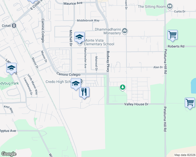 map of restaurants, bars, coffee shops, grocery stores, and more near 1521 Mammoth Place in Rohnert Park