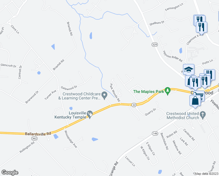 map of restaurants, bars, coffee shops, grocery stores, and more near 6001 Park Woods Road in Crestwood