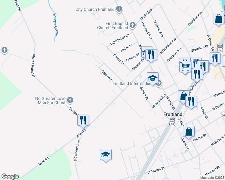 map of restaurants, bars, coffee shops, grocery stores, and more near 405 Mason Avenue in Fruitland